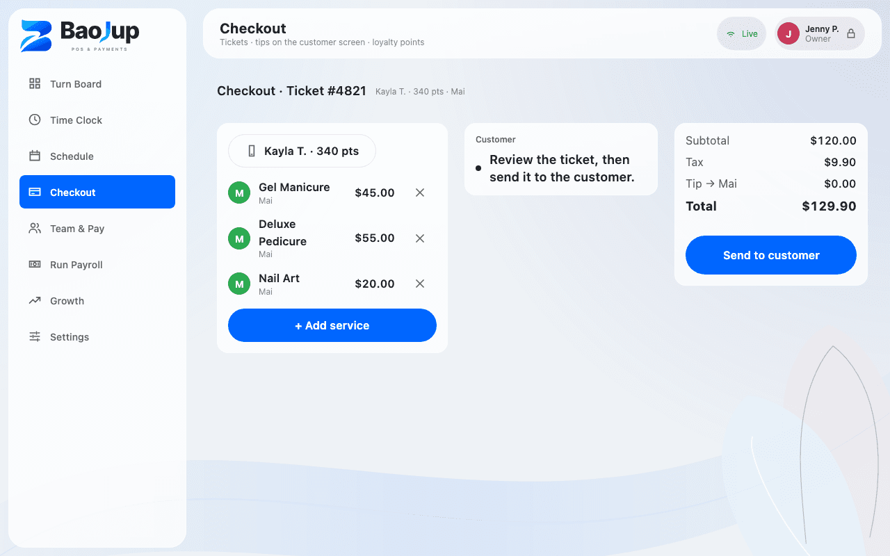 Front-desk checkout screen: Gel Manicure, Deluxe Pedicure, Nail Art, total $129.90