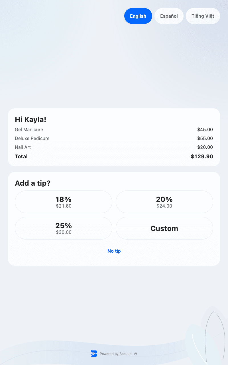 Customer screen: greeting Kayla, choosing a tip