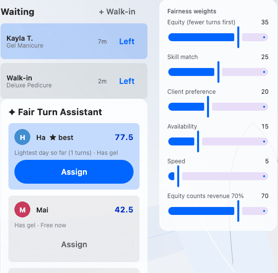 Fair Turn Assistant suggesting technician Ha with a score of 77.5