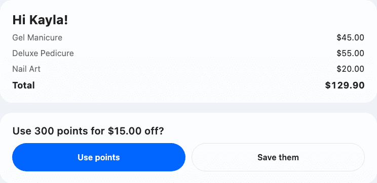 Customer screen: use 300 points for $15 off