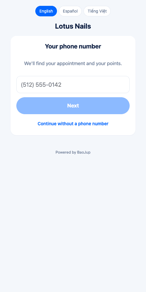 Check-in page on the customer's phone: enter a phone number