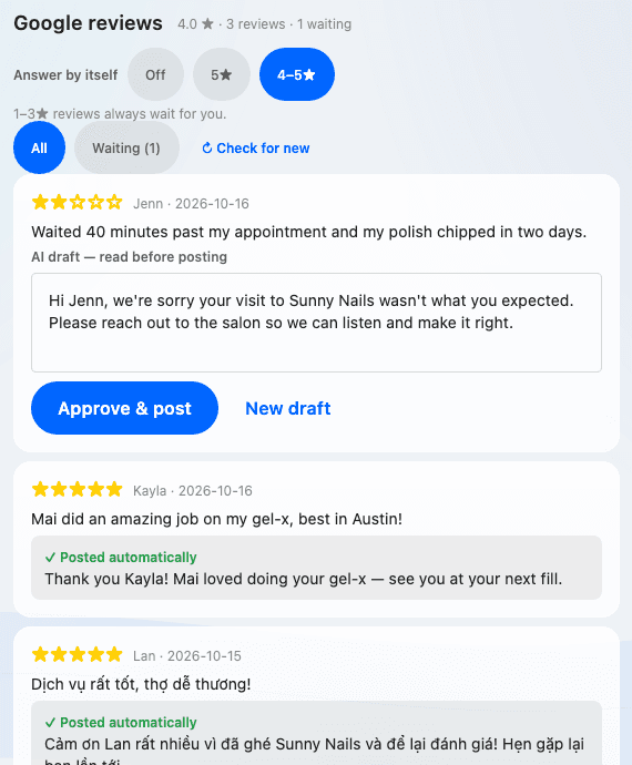 List of Google reviews, with 5-star reviews already answered automatically
