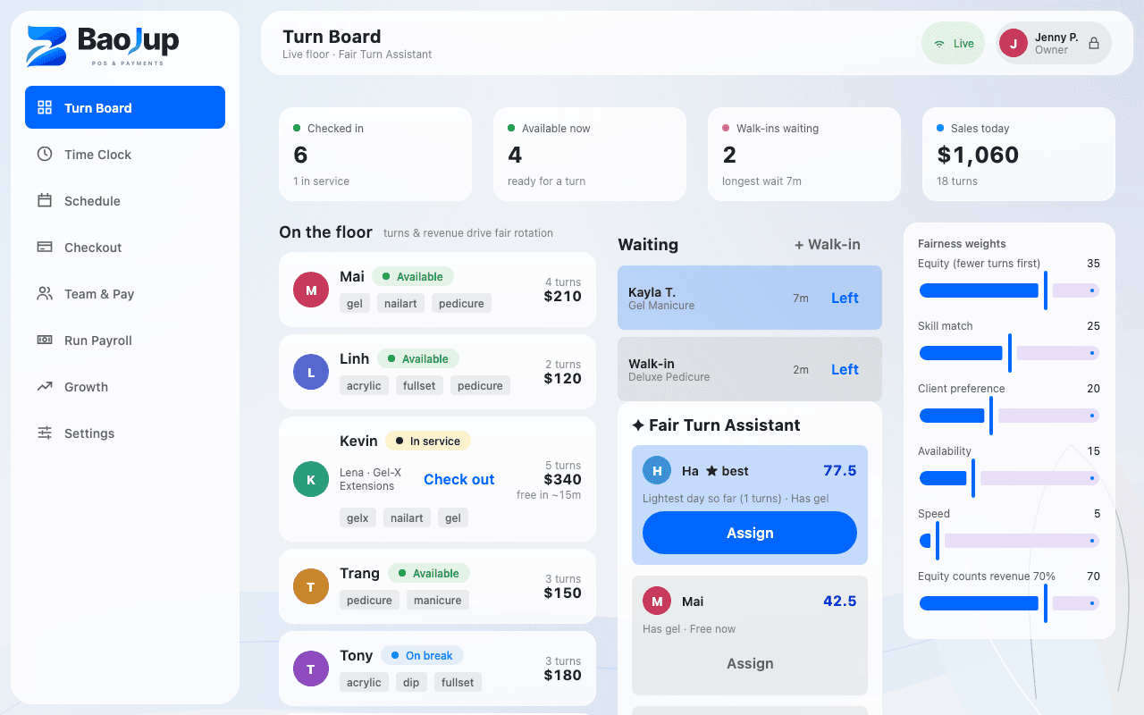 BaoJup Turn Board: available technicians, waiting customers and Fair Turn suggesting who goes next